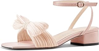 Castamere Women's Bow Tie Block Chunky Heel Sandals Square Toe Straps Ankle Buckle Wedding Dress Party Sandals 3.5CM
