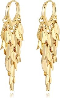 18K Gold Plated Leaf Hoop Earrings for Women, Long Tassel Dangle Drop Earrings, Chunky Gold Chandelier Earrings, Normal, Copper, No Gemstone