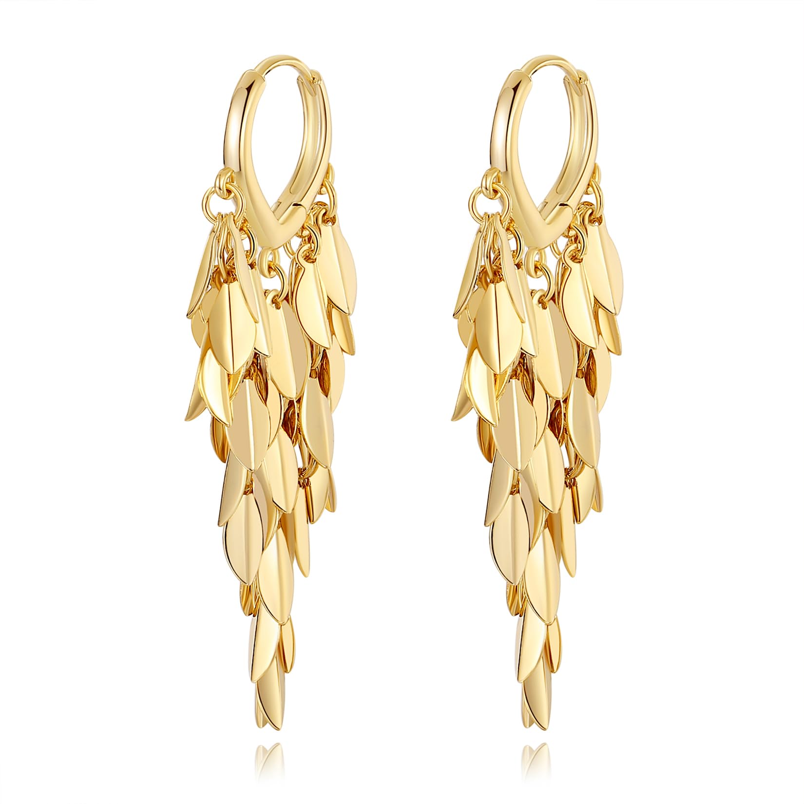 18K Gold Plated Leaf Hoop Earrings for Women, Long Tassel Dangle Drop Earrings, 