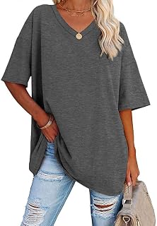 WINKEEY Women's Oversized Summer Short Sleeve V-Neck Loose T Shirt Basic Tee