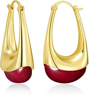 SNGIA Long Oval Chunky Dangle 18K gold plated Hoops with Colored Resin Gemstone Statement Earrings for Women by SNGIA, (Green, Brown, Blue, Pink, White, Cream), Bold Drop Handmade Exaggerated