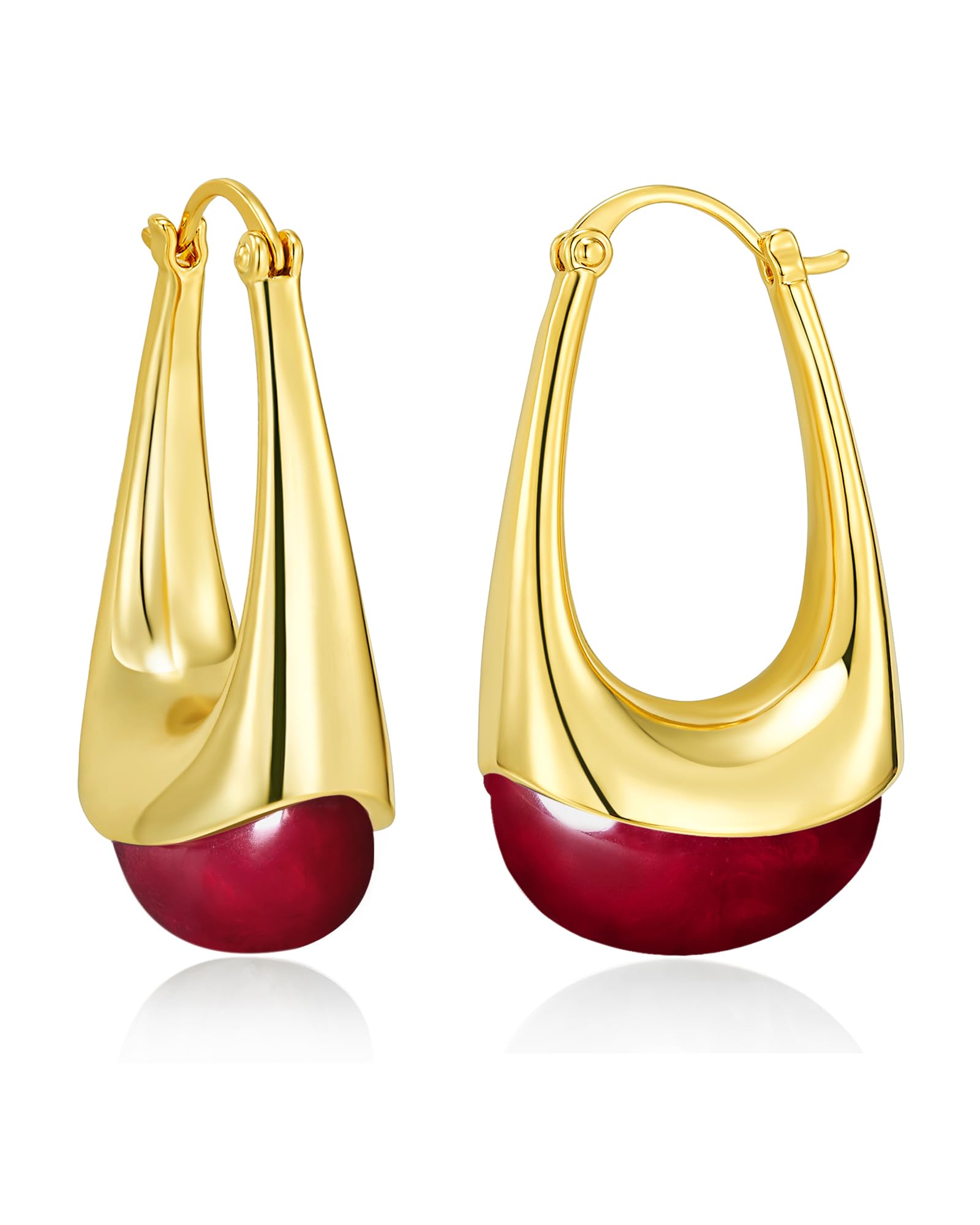 SNGIA Long Oval Chunky Dangle 18K gold plated Hoops with Colored Resin Gemstone 