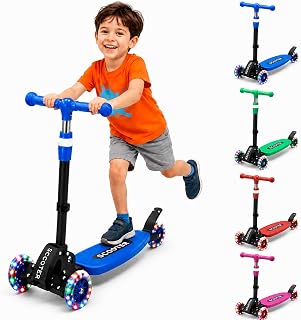 CALCHELE Kids Kick Scooter, Kick Scooter for Kids 2-7 Age, Light up 3 Wheels Kick Scooter, Heavy Duty Folding Lean-to-Steer Scooters with 3 Adjustable Handlebar for Boys Girls Blue