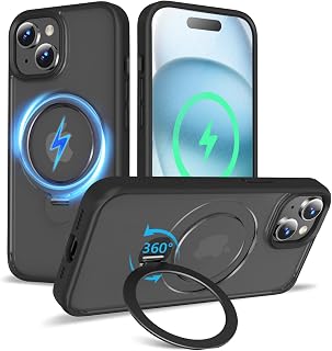 Upgraded 360° Rotatable Magnetic Ring Stand for iPhone 15 Case 6.1'',Compatible with MagSafe,Military Drop Protection,Shockproof Matte Translucent Case for iPhone 15 Phone Case,Black