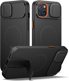 SURITCH Magnetic Cover Compatible with iPhone 14 plus/15 plus, Shock Proof Housing Protective Case with Sliding Camera Cover and Adjustable Stand(Black)