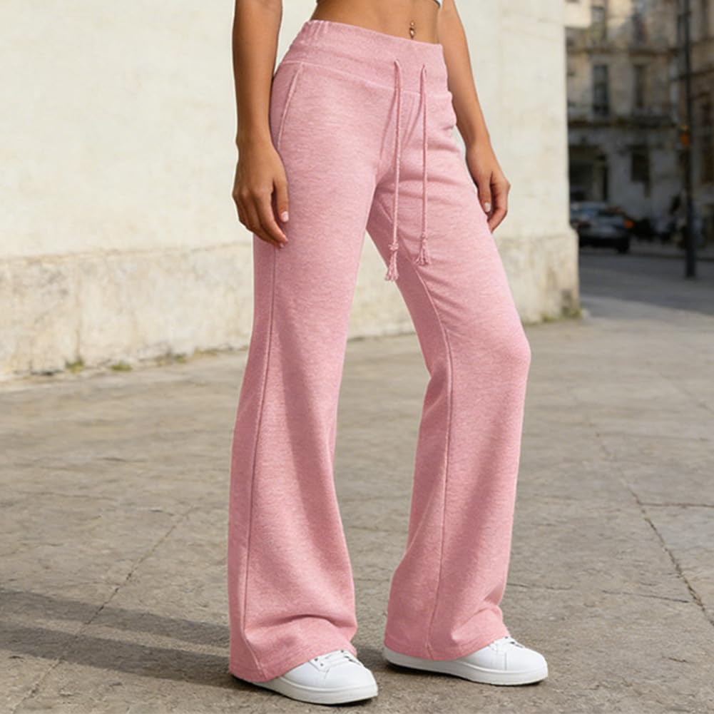 Women High Waist Drawstring Flared Pants Casual Wide Leg Pants Bell Bottom S-2XL