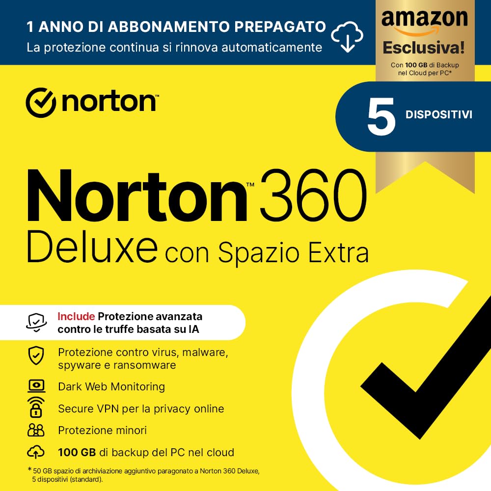 Norton 360 Deluxe | Extra Spazio Archiviazione|Esclusiva Amazon *50 GB extra Clo