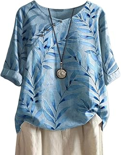 ORANDESIGNE Linen Shirt Short Sleeve Women Casual Vintage Tops Blouse T-Shirts Short Sleeve Crew Neck Tunic Tops Shirt Loose Plus Size T Shirt