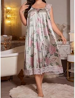 Ladies Satin Night Dress Floral Print Lace Detail Soft Home Wear Relaxed Fit