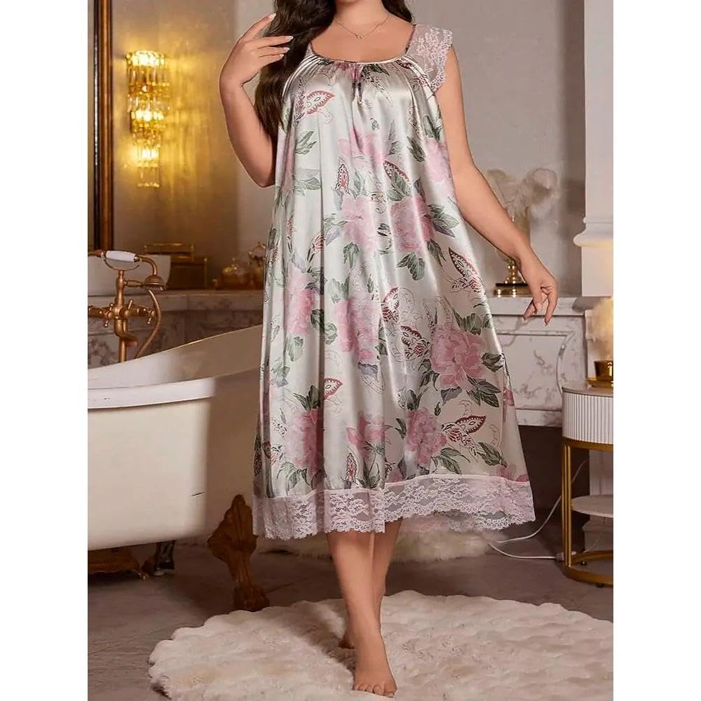 Ladies Satin Night Dress Floral Print Lace Detail Soft Home Wear Relaxed Fit