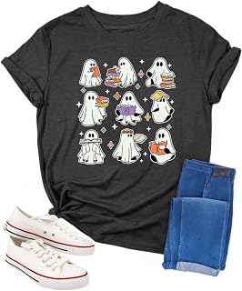 Halloween Teacher Shirts for Women Trick Or Teach Shirts Ghost T Shirt Bookish Tee Funny Cute Short Sleeve Tops