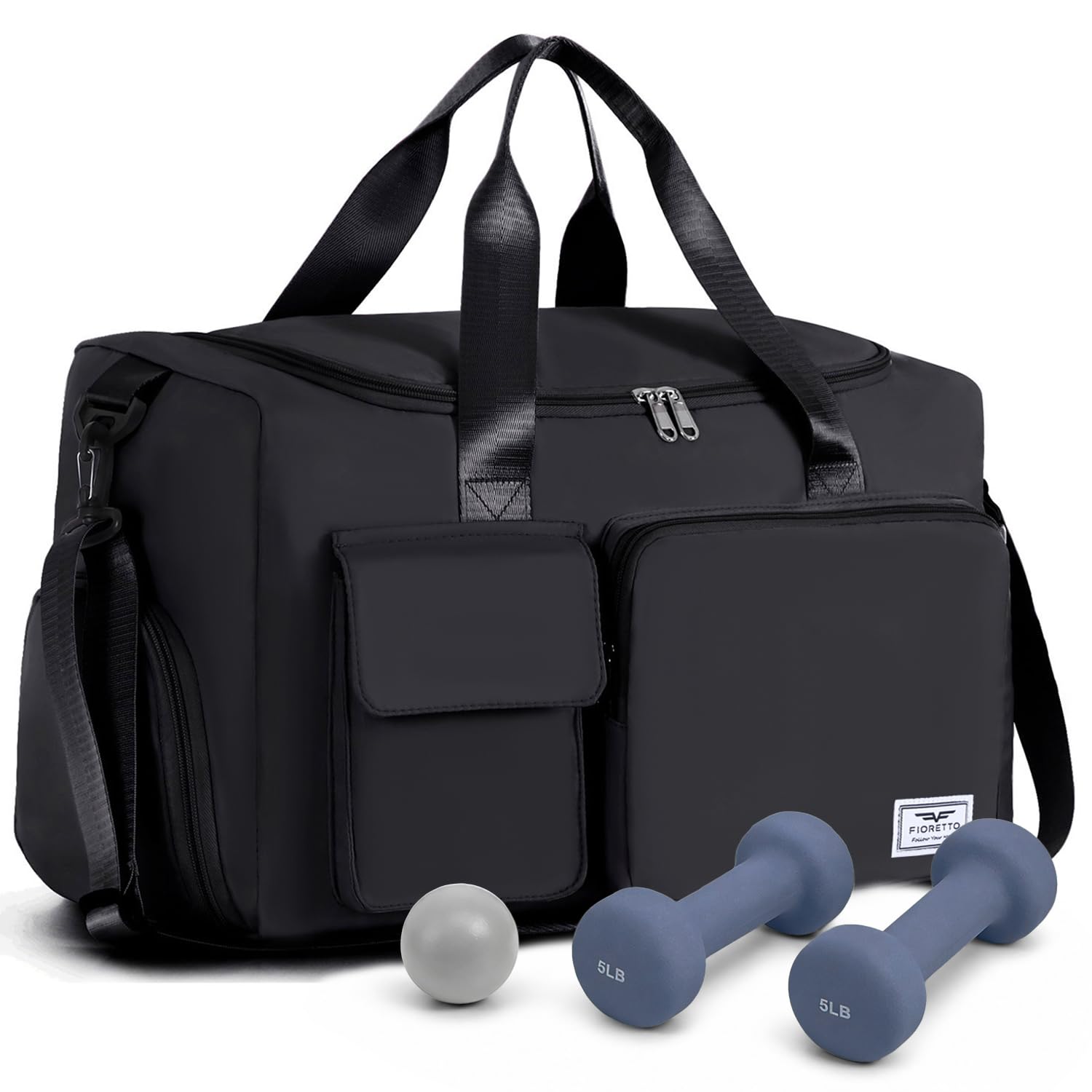 FIORETTO Gym Bag Womens, Sports Bag with Shoe Compartment, Black | Large Capacit