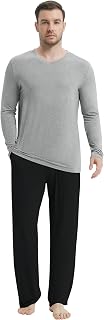 NACHILA Men's Bamboo Pyjama Set Long Sleeve Sleepwear V Neck PJ Top with Soft Long Trousers S-XXL