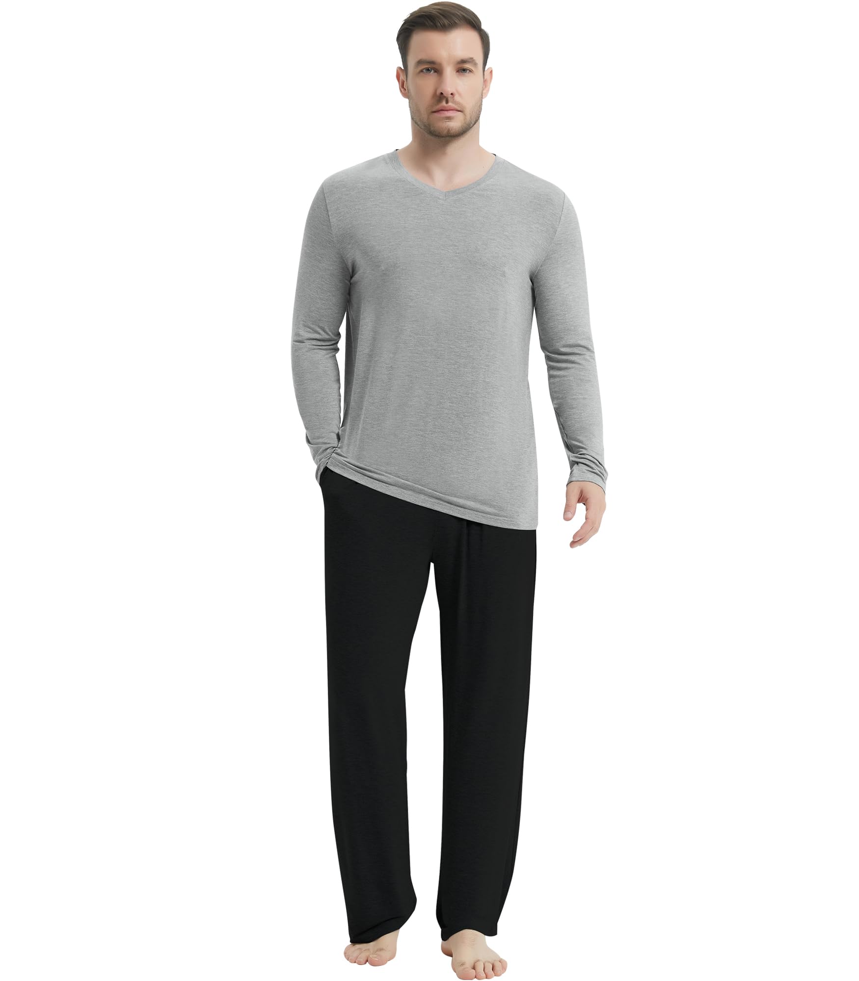 NACHILA Men's Bamboo Pyjama Set Long Sleeve Sleepwear V Neck PJ Top with Soft Lo