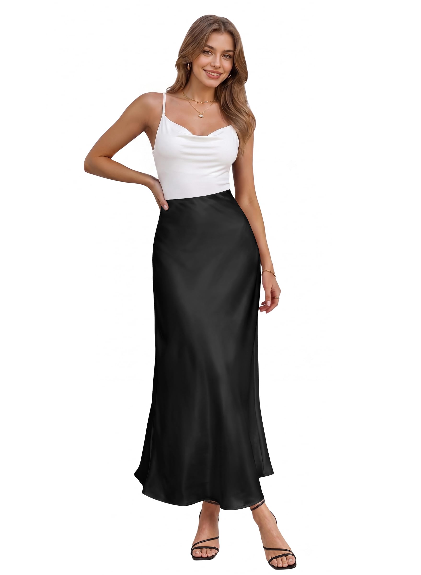 Hybrid & Company Women's High Waist Satin Maxi Skirt