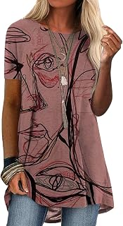 ORANDESIGNE Women's Short Sleeve Round Neck Summer Loose T-Shirts Basic T-Shirts Women Long Summer Casual Geometric Print Blouse Shirt Elegant Top