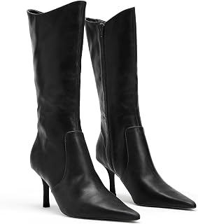 Coutgo Women's Mid Calf Boots Pointed Toe High Heel Long Boots Side Zipper Winter Dress Shoes