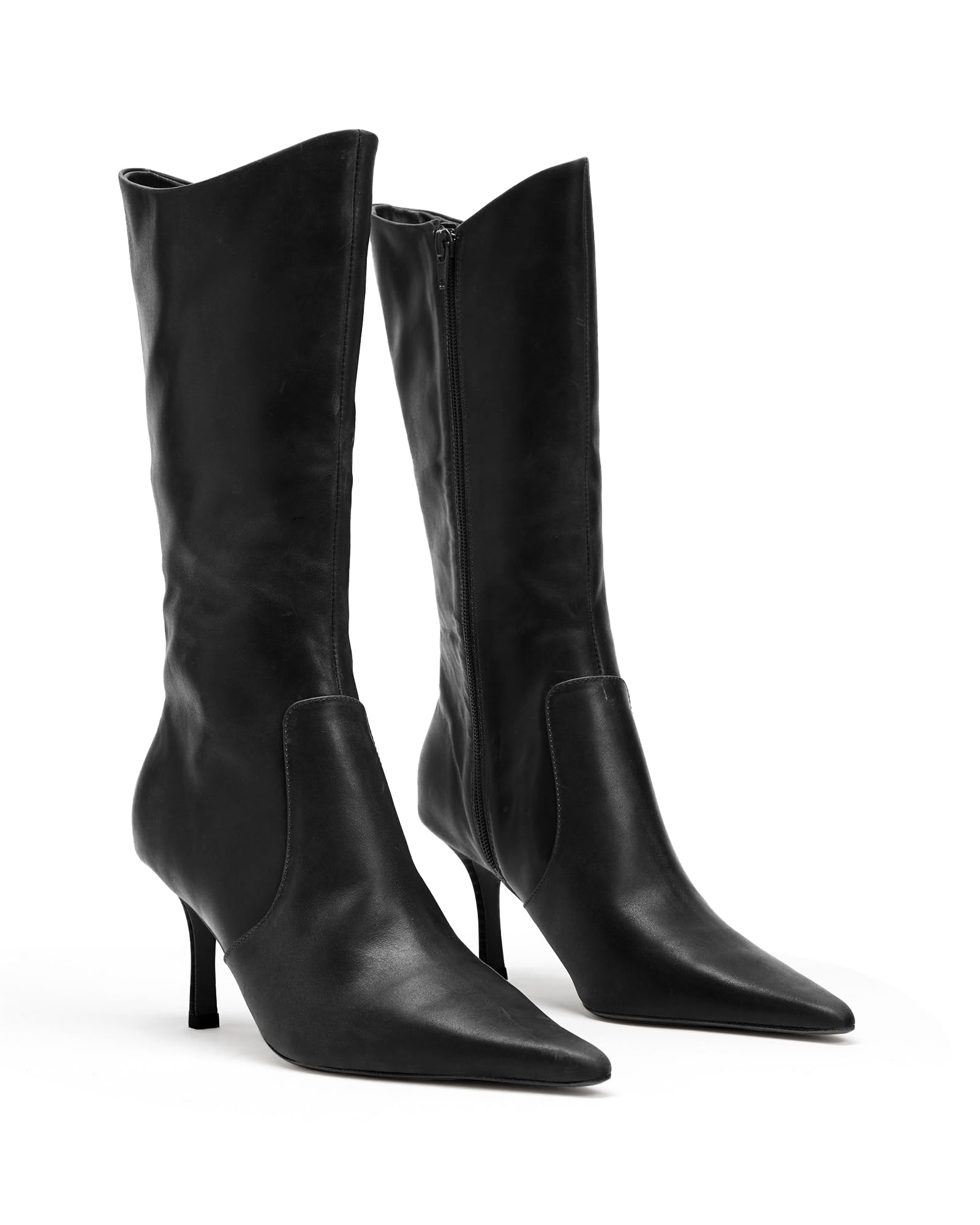 Coutgo Women's Mid Calf Boots Pointed Toe High Heel Long Boots Side Zipper Winte