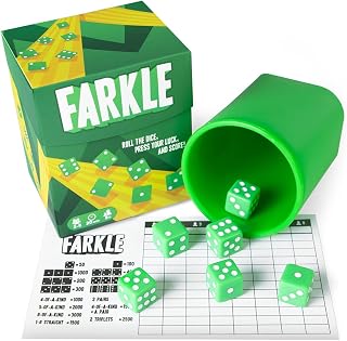 Brybelly Farkle: The Classic Family Dice Game | Set Includes Dice Cup, Set of 6 Green Dice, 25 Scorecards, and Storage Box
