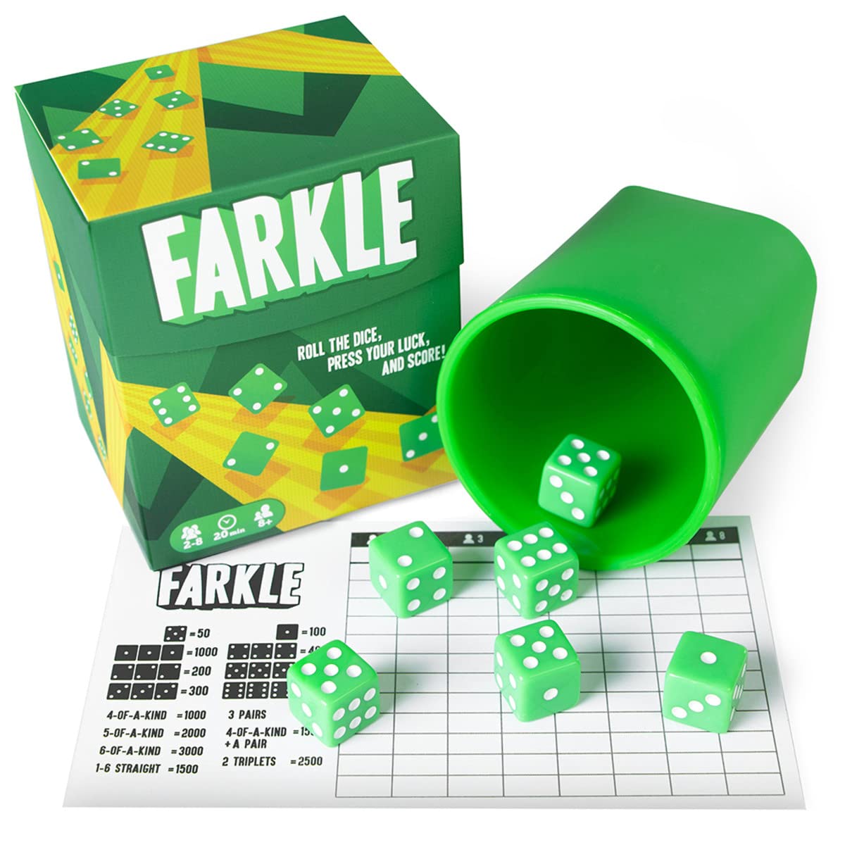 Brybelly Farkle: The Classic Family Dice Game | Set Includes Dice Cup, Set of 6 
