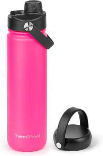 ThermoProof Double-Walled Vacuum Insulated Stainless Steel Water Bottle - Wide Mouth with Chug & Spout Lids, Dishwasher Safe, Reusable, Leakproof, Hot & Cold for Men, Women & Kids - 22oz, Neon Pink