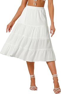 Allegra K Women's Midi Skirts Tiered Pleated Elastic Waist A-Line Skirt