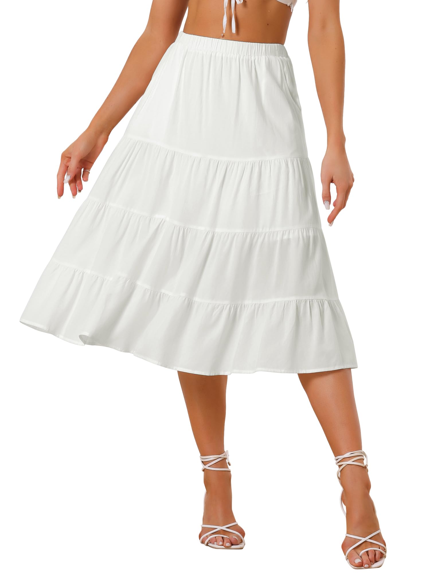 Allegra K Women's Midi Skirts Tiered Pleated Elastic Waist A-Line Skirt