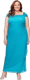 Alex Evenings Women's Plus Size Long Cold Shoulder Dress with Ruched Skirt, Wedding Guest, Prom, Formal Event