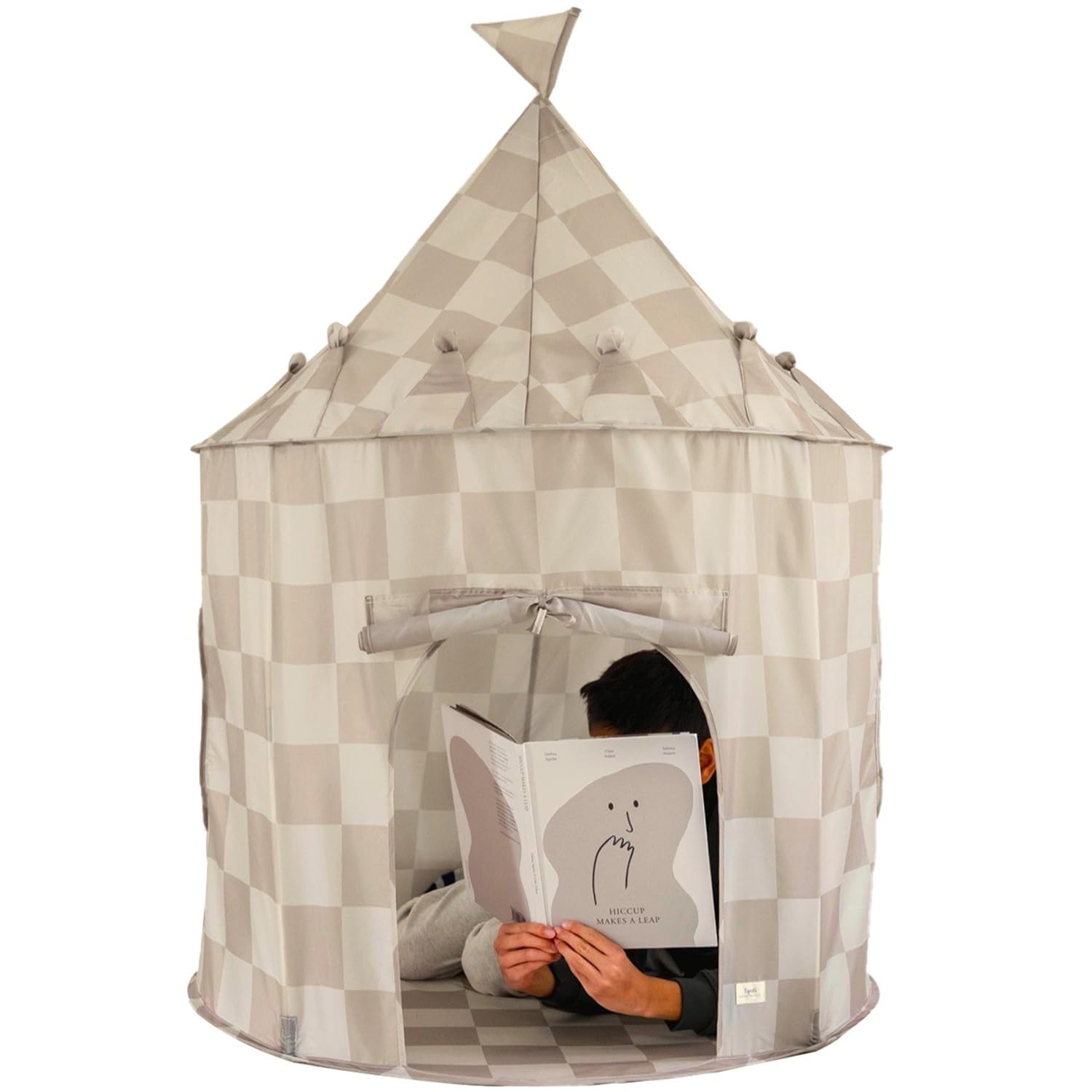 3 Sprouts Kids Play Tent, Ages 3 to 10, Recycled Fabric, Checkered Beige | indoo