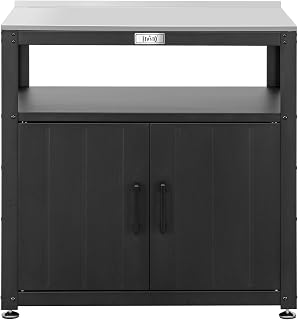 Feasto Metal Outdoor Potting Bench with Storage Cabinet for Garden Work | Durable Metal Cabinet & Stainless Steel Top, Open Middle Shelf, Raised Edge & Adjustable Feet, for Patio, Lawn & Greenhouse