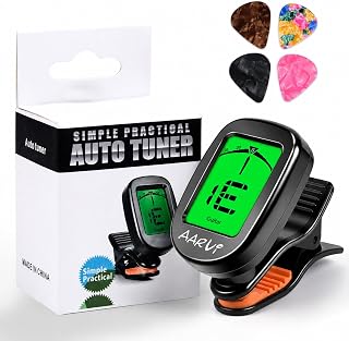 AARVI Clip On Guitar Tuner for All Instruments, Acoustic/Electric Guitar, Ukulele, Bass, Violin, Banjo, Large Clear LCD Display for Guitar Tuning, Chromatic Tuner, 4 Pack Guitar Picks Included