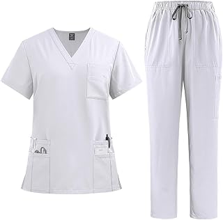 Scrubs for Women Set Cool Stretch V-Neck Scrub Tops and Drawstring Cargo Pants Nurse Workwear Medical Uniform Suits