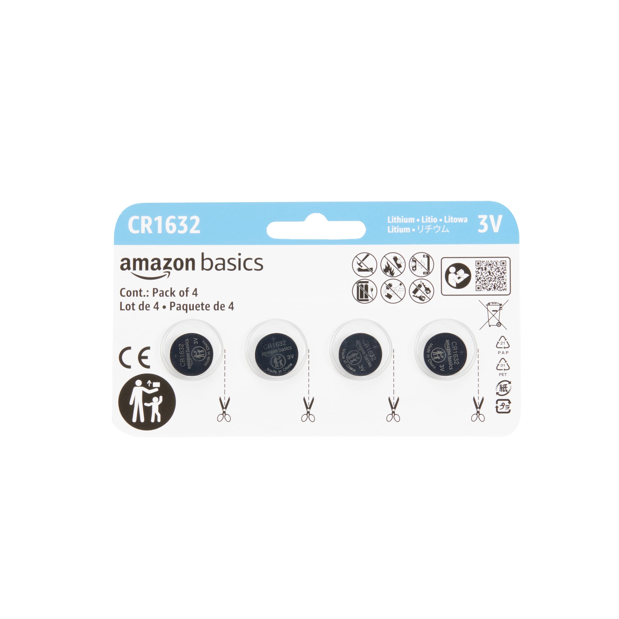 Amazon Basics 4-Pack CR1632 3 Volt Lithium Coin Cell Battery, Long Lasting Power