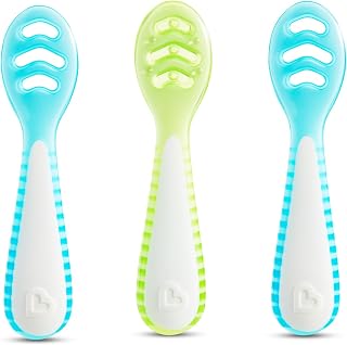 Munchkin Gentle Dip Multistage First Spoons| Weaning Spoons for Babies 4+ Months | Ideal for Baby-Led Weaning | Ergonomic Design | BPA-Free | Blue & Green | 3 Pack