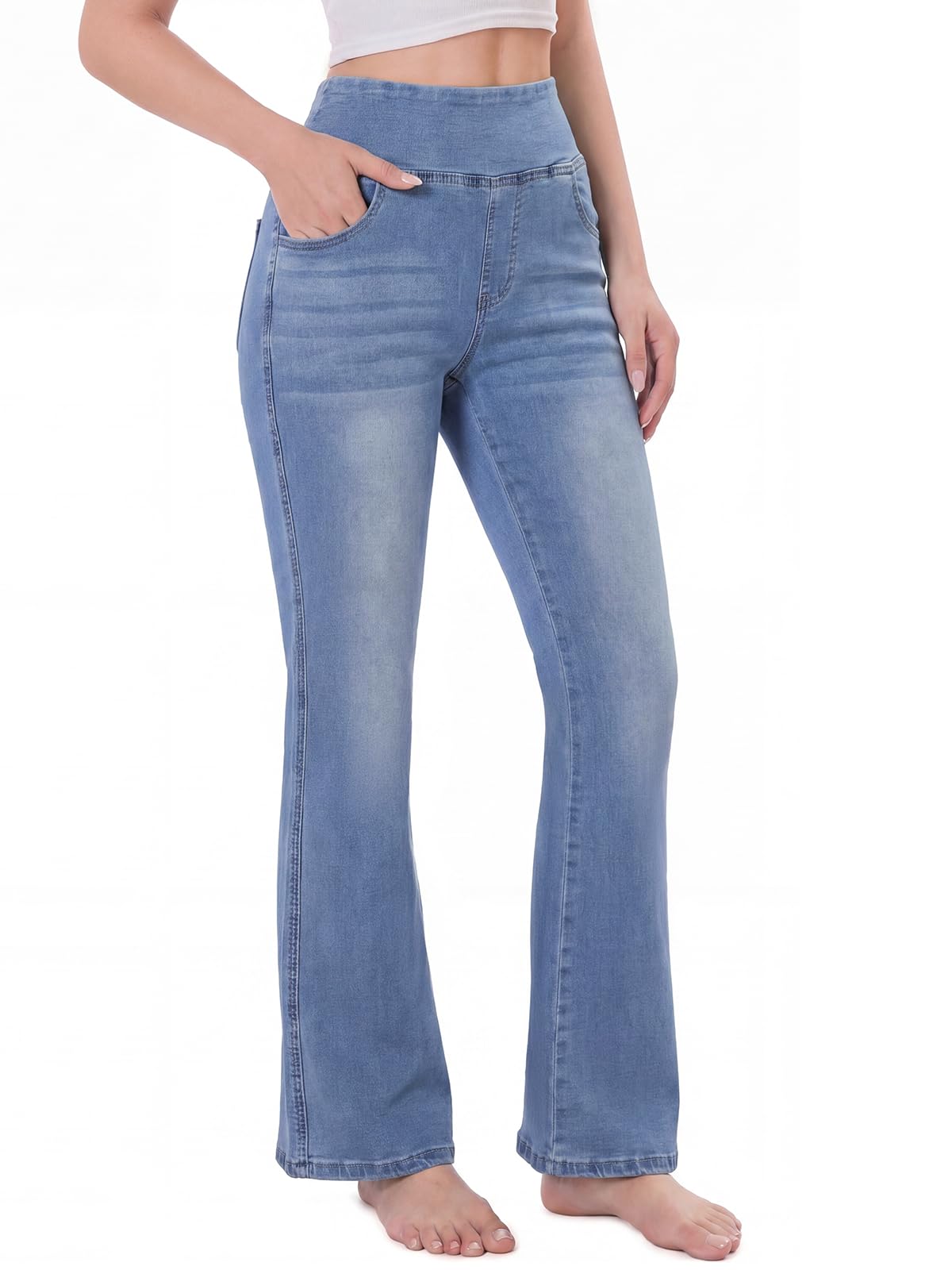 Pull on Flare Jeans for Women, Trendy Stretchy High Waisted Bell Bottom Skinny B