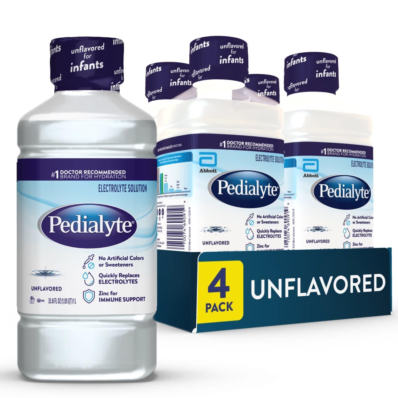 Pedialyte Electrolyte Drink, Unflavored Hydration Drink, 1 Liter, 4pk | Hydratio