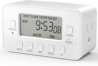 BN-LINK 7-Day Heavy Duty Digital Timer with Dual Outlet, LCD Display, 3-Prong Programmable Design, for Lights, Fans, Coffee Machine, Home, Kitchen, Office, Indoor Use, 125V 15A 1875W, 1 Pack