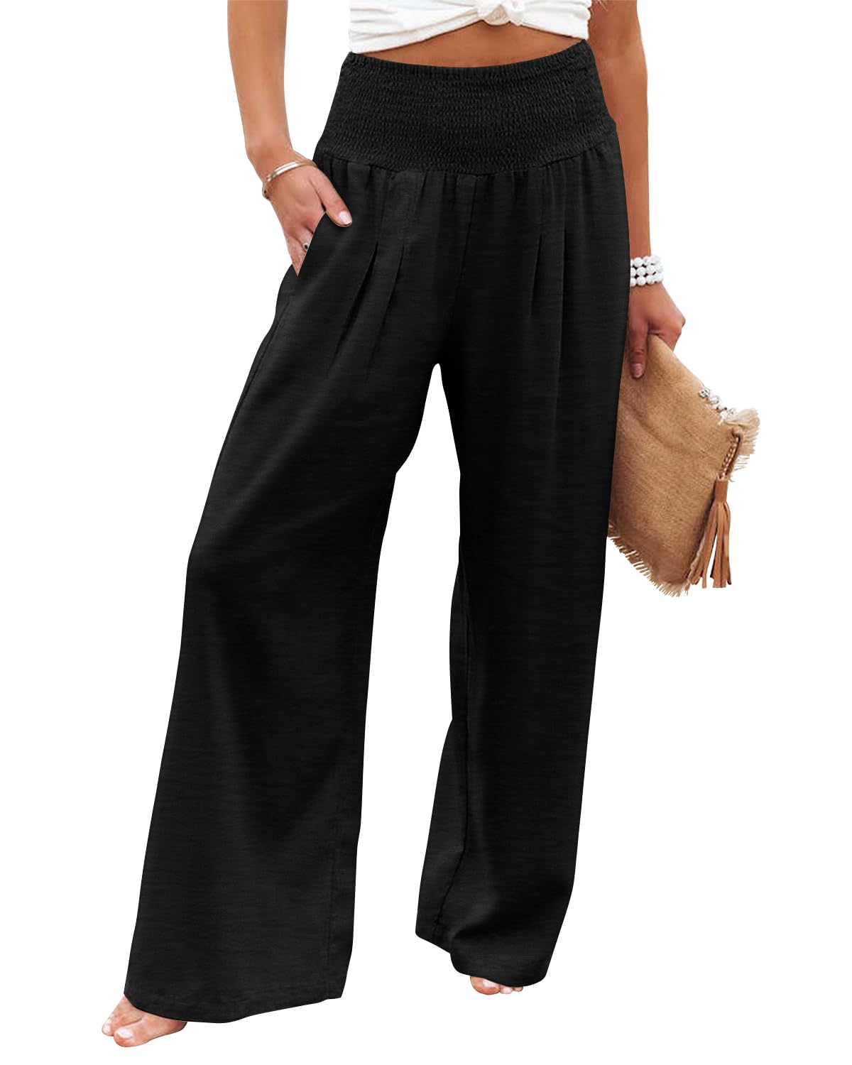 KISSMODA Women High Elastic Palazzo Pants Wide Leg Long Lounge Pants Casual Trou