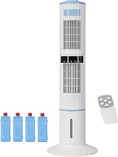 TABU Portable Tower Fan, Evaporative Cooler, Swamp Air Cooler, 47"H | 360° Upper & 60° Lower Oscillation, 3 Speeds, 24H Timer, LED Display & Remote Control, 4 Ice Packs, for Home/Office