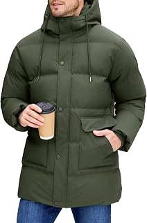 Xnova Men's Winter Jacket Medium Long Coat Padded Windproof Parka Water Repellent Coats with Hood Outdoor