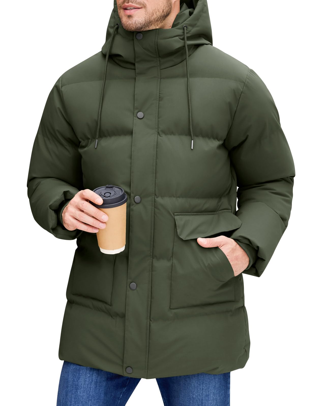 Xnova Men's Winter Jacket Medium Long Coat Padded Windproof Parka Water Repellen