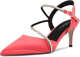 HDEUOLM Women's Needle Mid Heel Pointed Toe Sandals Slingback Diamond Crystal Party Cute 6.5 CM Heels
