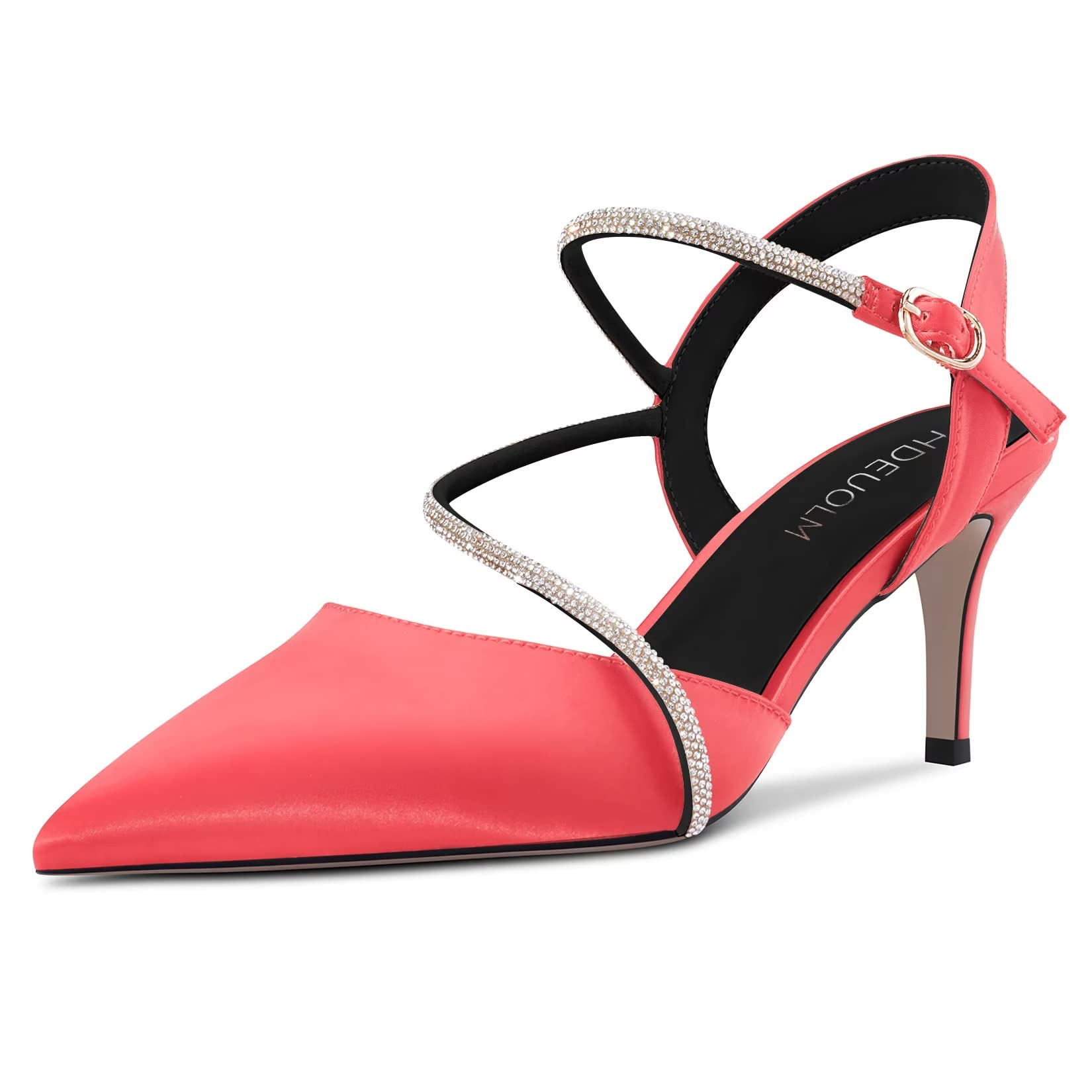HDEUOLM Women's Needle Mid Heel Pointed Toe Sandals Slingback Diamond Crystal Pa