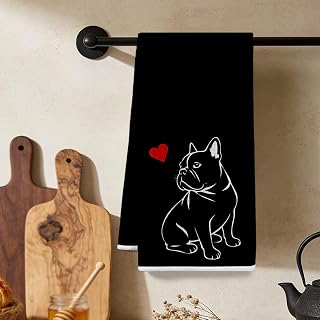 Minimalist French Bulldog Red Heart Kitchen Towels, Decorative Absorbent Microfiber Tea Towel, Honeycomb Tea Towel for Kitchen, Home, Bathroom, Dog Lover Gifts 1