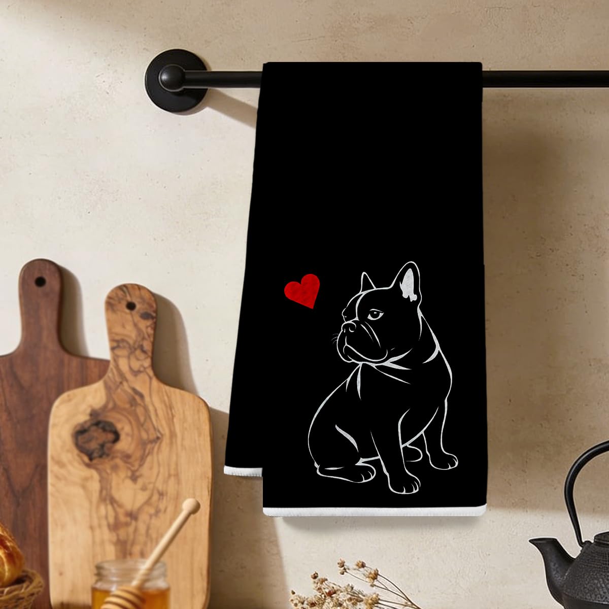Minimalist French Bulldog Red Heart Kitchen Towels, Decorative Absorbent Microfi