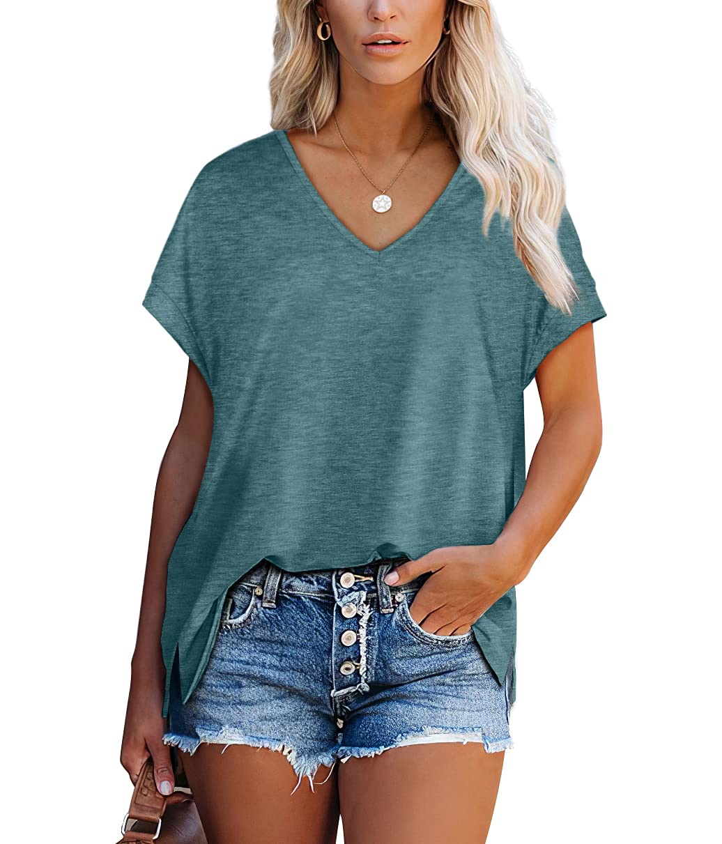 Aokosor T Shirts for Women V Neck Summer Tops Ladies Extended Shoulder Tshirt