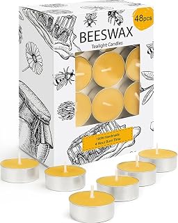 Beeswax Tealight Candles 48 Pack, 4 Hour Burn Natural Tea Candle | Clean Burn, Organic Tea Lights for Air Purification, Pure Tealight for Home Decor, Smokeless and Dripless Small Votive Candle