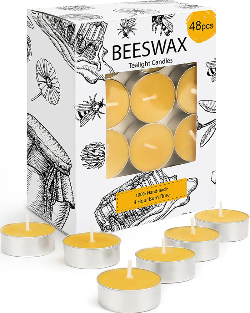 Beeswax Tealight Candles 48 Pack, 4 Hour Burn Natural Tea Candle | Clean Burn, O