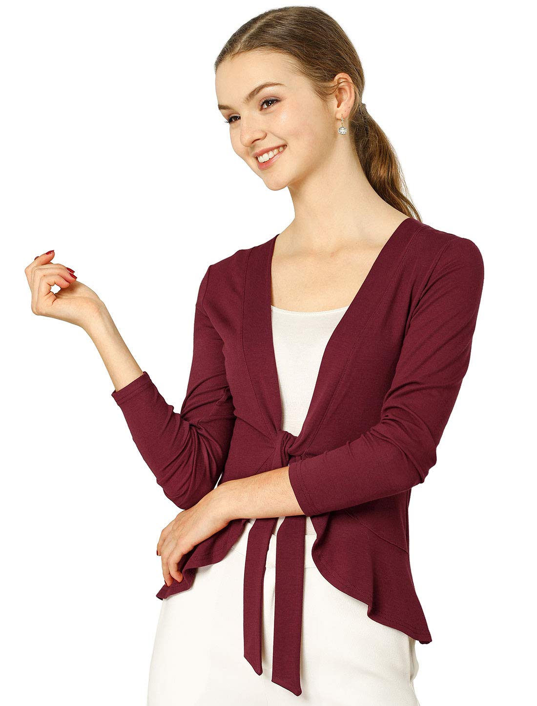 Allegra K Women's Front Tie Ruffled Hem Cropped Cardigan
