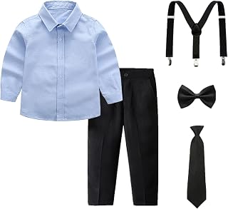 amropi Children's Christening Suit Short Sleeve Shirt and Bow Tie and Pants and Suspenders for 3-12 Years
